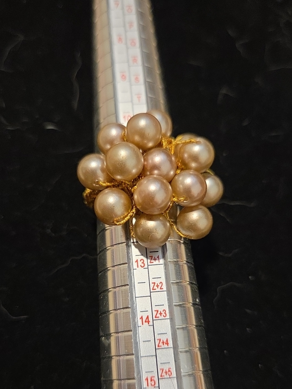 Vintage Gold Woven Stretch Cord Champagne Faux Pearl Cluster Statement Ring